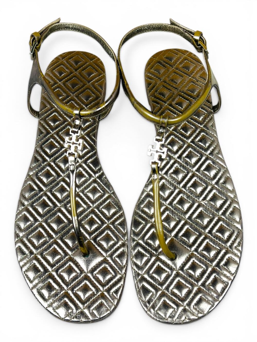 Tory Burch Marion Gold Metallic Quilted Leather Thong Sandals Logo Charm 9